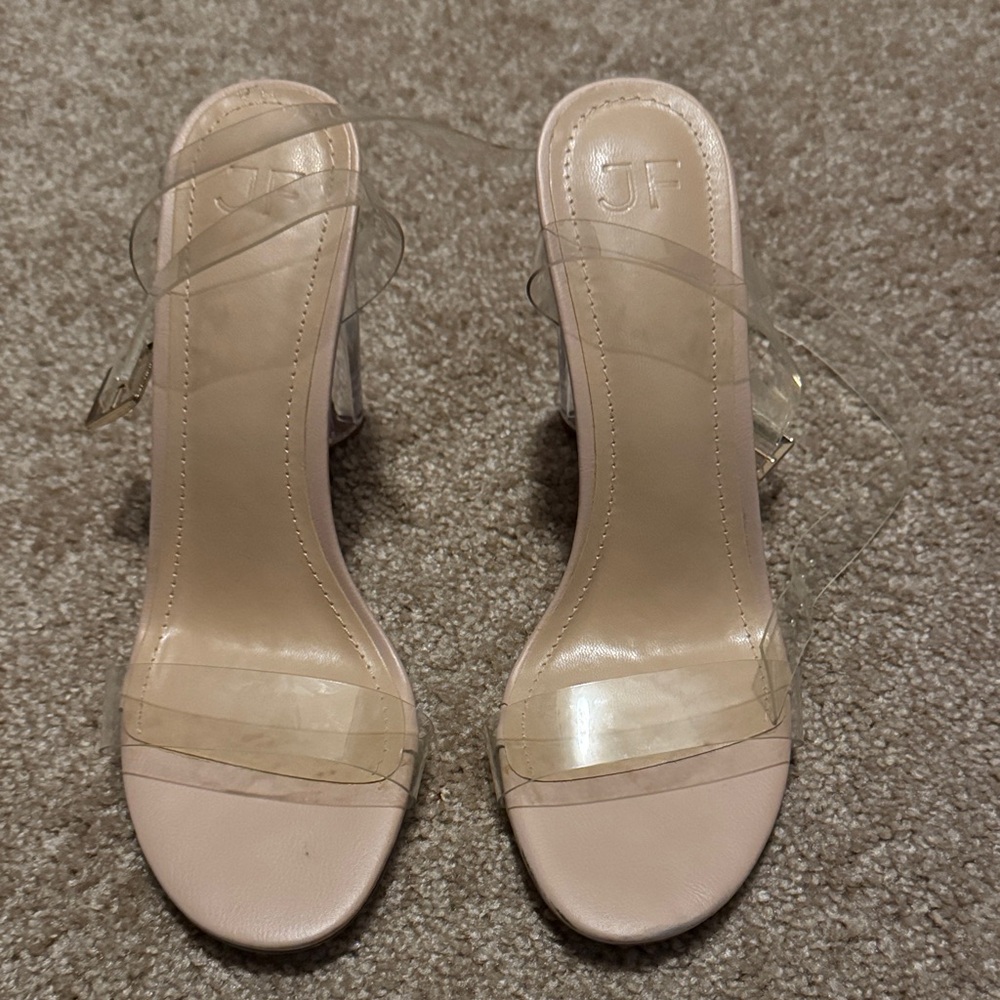JustFab Nude Clear Strap Heels